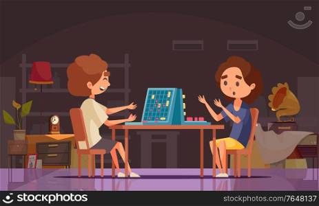 Board games sea battle composition with two young persons playing a board game at home vector illustration