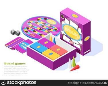 Board games set isometric composition with game elements tools and accessories vector illustration