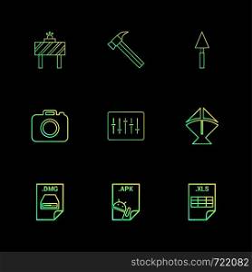Board , hammer , camera , apple dmg file , spade , equilizer , kite , excel file , apk android file ,icon, vector, design, flat, collection, style, creative, icons