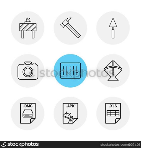 Board , hammer , camera , apple dmg file , spade , equilizer , kite , excel file , apk android file ,icon, vector, design, flat, collection, style, creative, icons