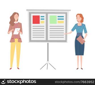 Board with information of concept vector, woman reading prepared notes, presentation and info explanation by secretary and professional analytics. Company Colleagues Showing Presentation Board