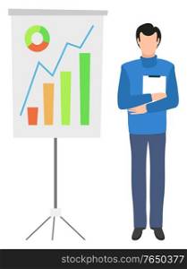 Board with statistical data information, color graphs and charts and faceless guy with folder in hands isolated cartoon character. Vector join to our team poster. Board, Statistical Data Information, Color Graphs