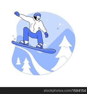 Boarding abstract concept vector illustration. Winter sport, outdoor activity, snowboard helmet and goggles, mountain holiday, extreme sports, alpine ski, freestyle rider, snow abstract metaphor.. Boarding abstract concept vector illustration.