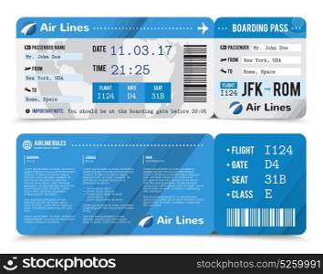 Boarding Pass Composition. Colored realistic boarding pass composition with information about passenger on the front side and the back vector illustration