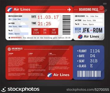 Boarding Pass Design Composition. Colored and realistic boarding pass design composition with name of airline time and name on ticket vector illustration
