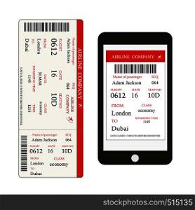 Boarding pass on smartphone screen and paper boarding pass,cartoon illustration on white background,vector. Boarding pass on smartphone screen and paper boarding pass