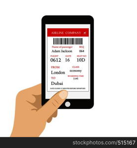 Boarding pass on smartphone screen,hand holding mobile phone,cartoon illustration on white background,vector. Boarding pass on smartphone screen,hand holding mobile phone