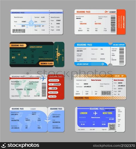Boarding pass template. Board trip tickets, airplane travel checking card. Business or charter fly coupons, vacation or travelling vector templates. Illustration of trip and journey ticket boarding. Boarding pass template. Board trip tickets, airplane travel checking card. Business or charter fly coupons, vacation or travelling exact vector templates