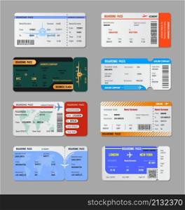 Boarding pass template. Board trip tickets, airplane travel checking card. Business or charter fly coupons, vacation or travelling vector templates. Illustration of trip and journey ticket boarding. Boarding pass template. Board trip tickets, airplane travel checking card. Business or charter fly coupons, vacation or travelling exact vector templates