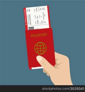 boarding pass ticket and passport. boarding pass ticket and passport in hand. flat design, vector illustration.. boarding pass ticket and passport