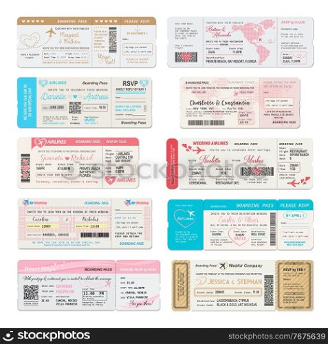 Boarding pass ticket of wedding invitation vector templates. Airline plane tickets and flight cards with airplanes, hearts, world map and RSVP coupons, air travel, marriage and wedding party design. Boarding pass ticket wedding invitation templates
