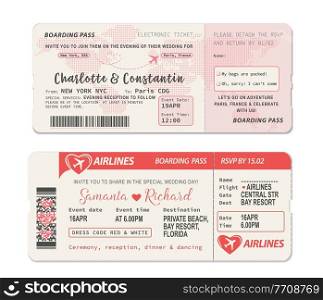 Boarding pass ticket. Wedding invitation template with airplane drawing heart on world map during flight. Wedding ceremony invitation layout as airline travel ticket with RSVP perforated section. Airline wedding invitation boarding pass