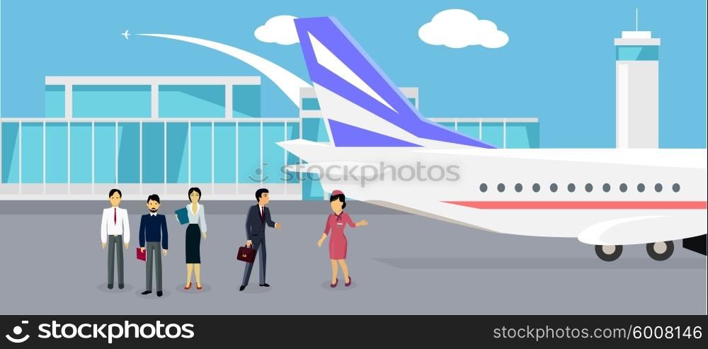 Boarding the plane flat design. Travel and vacation, airline and trip, passenger and tourism, liner or airplane, airport transit, departure board illustration