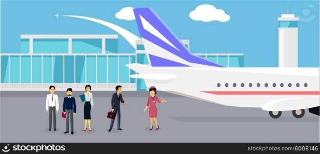 Boarding the plane flat design. Travel and vacation, airline and trip, passenger and tourism, liner or airplane, airport transit, departure board illustration