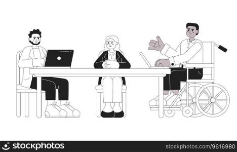Boardroom meeting multicultural black and white cartoon flat illustration. Diverse leaders discussing linear 2D characters isolated. Brainstorming. Inclusive workplace monochromatic scene vector image. Boardroom meeting multicultural black and white cartoon flat illustration