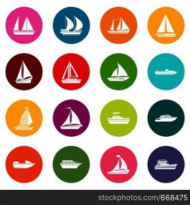 Boat and ship icons many colors set isolated on white for digital marketing. Boat and ship icons many colors set