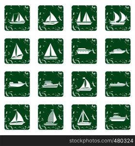 Boat and ship icons set in grunge style green isolated vector illustration. Boat and ship icons set grunge