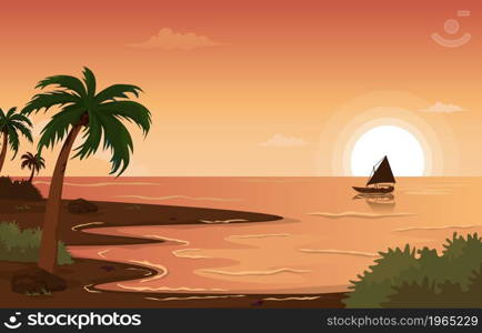 Boat Beach Landscape View Sea Vacation Holiday Tropical Vector Illustration