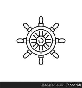 Boat control rudder isolated steering wheel thin line icon. Vector marine navigation equipment, vessel control object by captain or sailor, ship wheel. Seafarer handwheel or ship-wheel with handles. Seafarer wheel with handle isolated handwheel icon