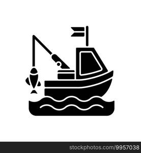 Boat fishing black glyph icon. Commercial fishing. Fresh sea food. License for fishing from boat. Fishing trawler on water. Silhouette symbol on white space. Vector isolated illustration. Boat fishing black glyph icon