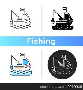 Boat fishing icon. Commercial fishing. Fresh sea food. License for fishing from boat. Fishing tools. Fishing trawler on water. Linear black and RGB color styles. Isolated vector illustrations. Boat fishing icon