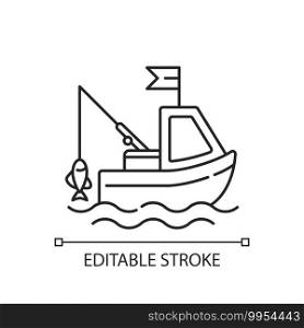 Boat fishing linear icon. Commercial fishing. Fresh sea food. License for fishing from boat. Thin line customizable illustration. Contour symbol. Vector isolated outline drawing. Editable stroke. Boat fishing linear icon