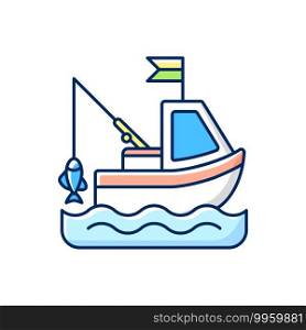 Boat fishing RGB color icon. Commercial fishing. Hobby and leisure activity. Tool. Fresh sea food. License for fishing from boat. Fishing trawler on water. Isolated vector illustration. Boat fishing RGB color icon