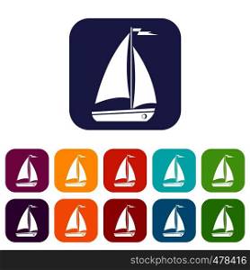 Boat icons set vector illustration in flat style in colors red, blue, green, and other. Boat icons set