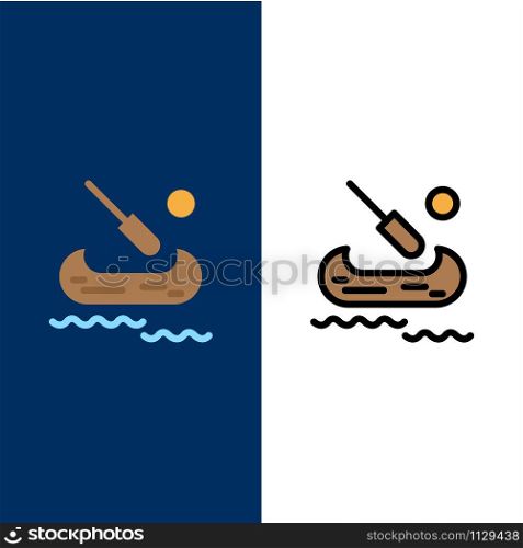 Boat, Kayak, Canada Icons. Flat and Line Filled Icon Set Vector Blue Background
