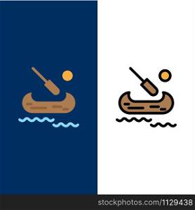 Boat, Kayak, Canada Icons. Flat and Line Filled Icon Set Vector Blue Background