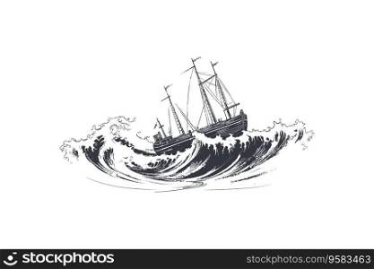 Boat on waves hand drawn sketch. Vector illustration design.