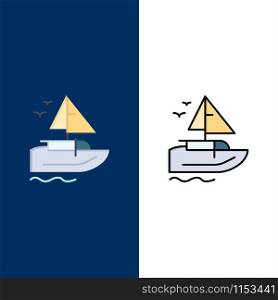 Boat, Ship, Transport, Vessel Icons. Flat and Line Filled Icon Set Vector Blue Background