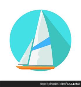 Boat sign symbol in round web button. Yacht at sea in flat style. Boat sailing, yacht, sailboat ship, vessel sail, tourism travel vacation yacht, yacht water. Boat in circle isolated on white. Vector. Boat Sign Symbol in Round Web Button. Yacht at Sea. Boat Sign Symbol in Round Web Button. Yacht at Sea