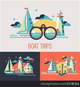 Boat trips. Vector illustration. Seascape with sailboat, lighthouse, binoculars, compass in flat style.