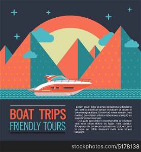 Boat trips. Vector illustration with place for text. A modern yacht on the background of night mountain landscape.