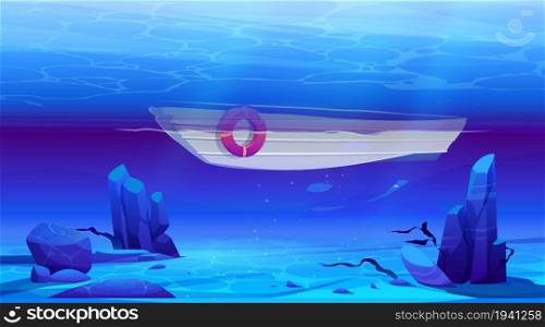Boat underwater view, empty sea bottom with sand, seaweeds, rocks and bubbles floating at sunlight beam falling from above and skiff with lifebuoy. Marine undersea scene, Cartoon vector illustration. Boat underwater view, empty sea bottom, undersea