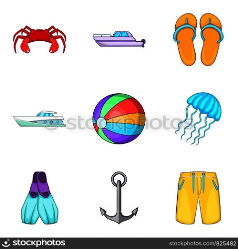 Boat voyage icons set. Cartoon set of 9 boat voyage vector icons for web isolated on white background. Boat voyage icons set, cartoon style