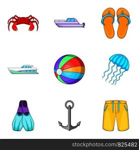 Boat voyage icons set. Cartoon set of 9 boat voyage vector icons for web isolated on white background. Boat voyage icons set, cartoon style