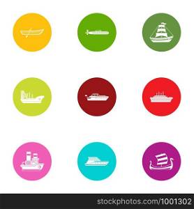 Boat way icons set. Flat set of 9 boat way vector icons for web isolated on white background. Boat way icons set, flat style