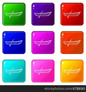 Boat with paddle icons of 9 color set isolated vector illustration. Boat with paddle set 9
