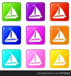 Boat with sails icons of 9 color set isolated vector illustration. Boat with sails icons 9 set