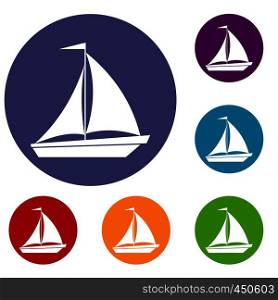 Boat with sails icons set in flat circle reb, blue and green color for web. Boat with sails icons set