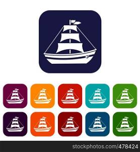 Boat with sails icons set vector illustration in flat style in colors red, blue, green, and other. Boat with sails icons set