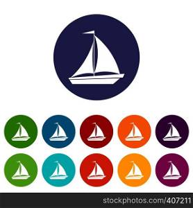 Boat with sails set icons in different colors isolated on white background. Boat with sails set icons