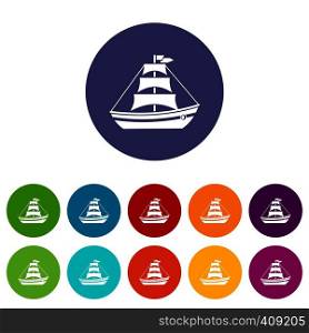 Boat with sails set icons in different colors isolated on white background. Boat with sails set icons