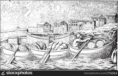 Boats and city, vintage engraved illustration.