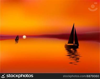 Boats In Sunset Background Vector Art