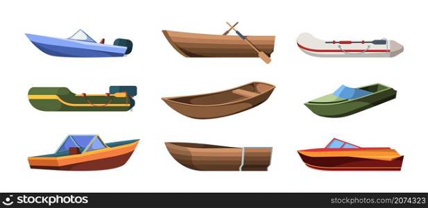 Boats types. Wooden ships for ocean or marine sail garish vector transport for river flat illustrations set isolated. sea, Boat for ocean, ship and yacht for trip. Boats types. Wooden ships for ocean or marine sail garish vector transport for river flat illustrations set isolated