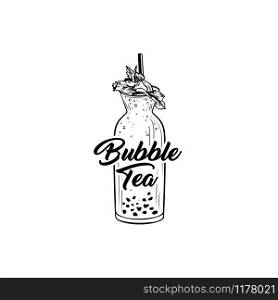 Boba tea hand drawn vector illustration. Delicious summer refreshment, taiwan herbal drink ink pen freehand drawing with lettering. Fresh beverage with mint leaves, tapioca pearls and straw. Bubble tea black and white illustration