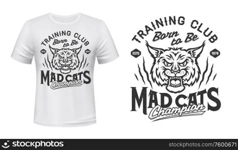 Bobcat animal head mascot vector design of sport club t-shirt print. Lynx wild cat roaring with open mouth, scratch marks and lettering, angry carnivore wildcat mascot of sporting custom apparel. Bobcat or lynx mascot t-shirt print of sport club